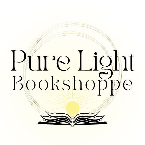 Logo of Pure Light Bookshoppe with an open book and light design.